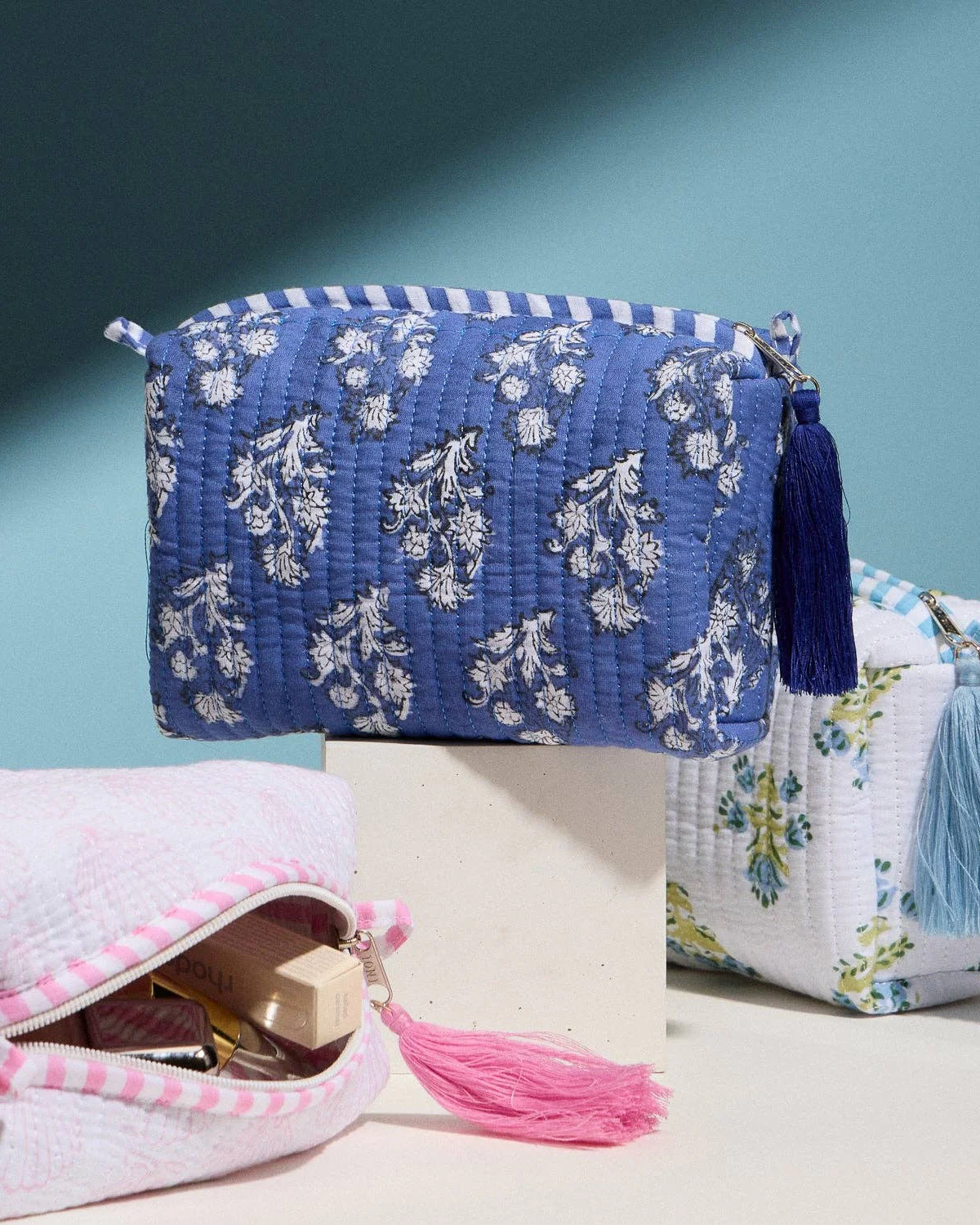 Blue Quilted Floral Cosmetic Pouch - Image 2