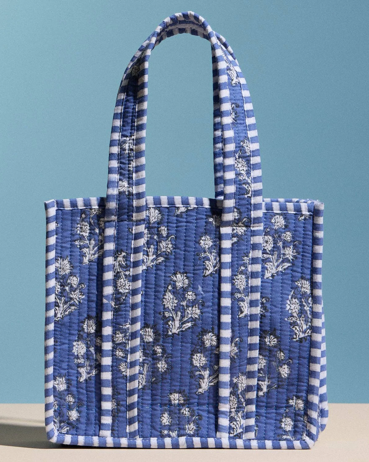 Blue Quilted Floral Mini Tote Bag