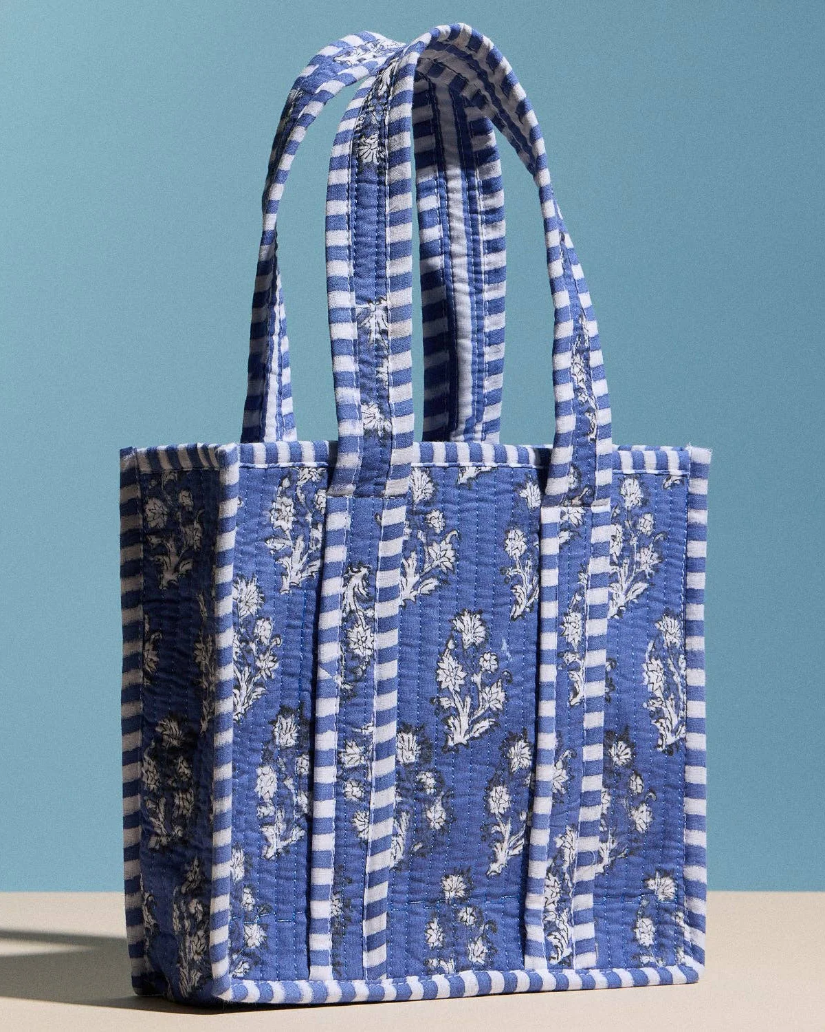 Blue Quilted Floral Mini Tote Bag - Image 2