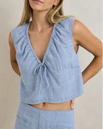 Del Rio Gathered Top in Blue Check - Image 3