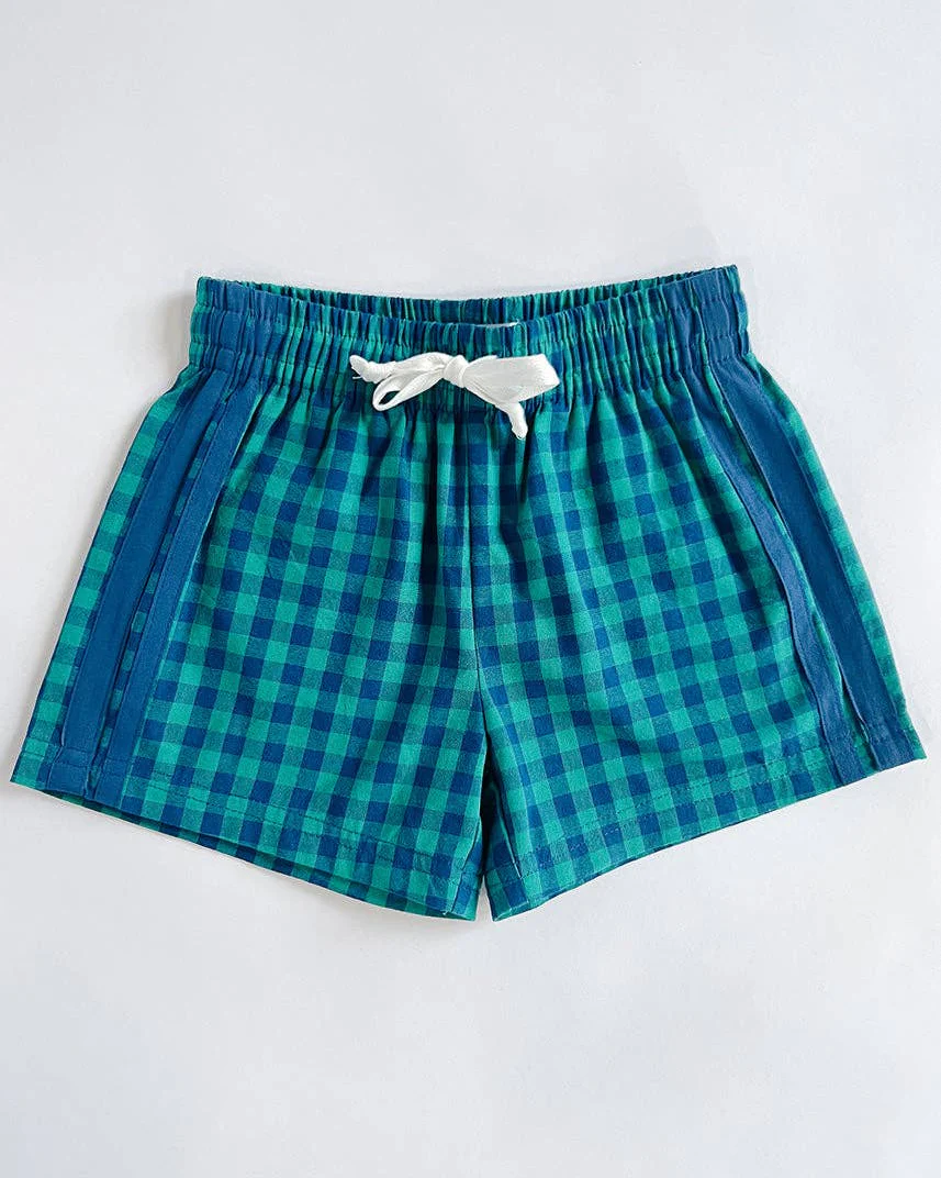 Gingham Drawstring Short in Blue & Teal