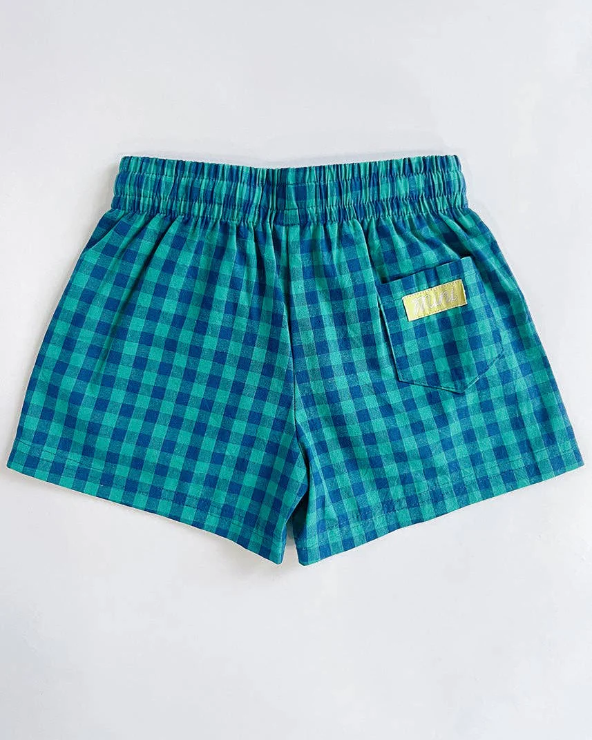 Gingham Drawstring Short in Blue & Teal - Image 3