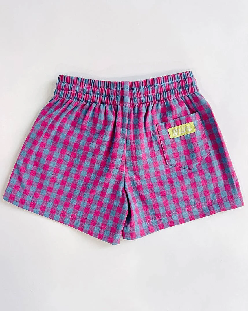 Gingham Drawstring Short in Pink & Teal - Image 4