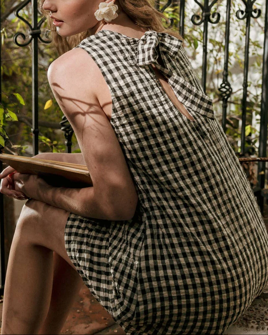 Gingham Open Back Dress in Black/Cream - Image 4