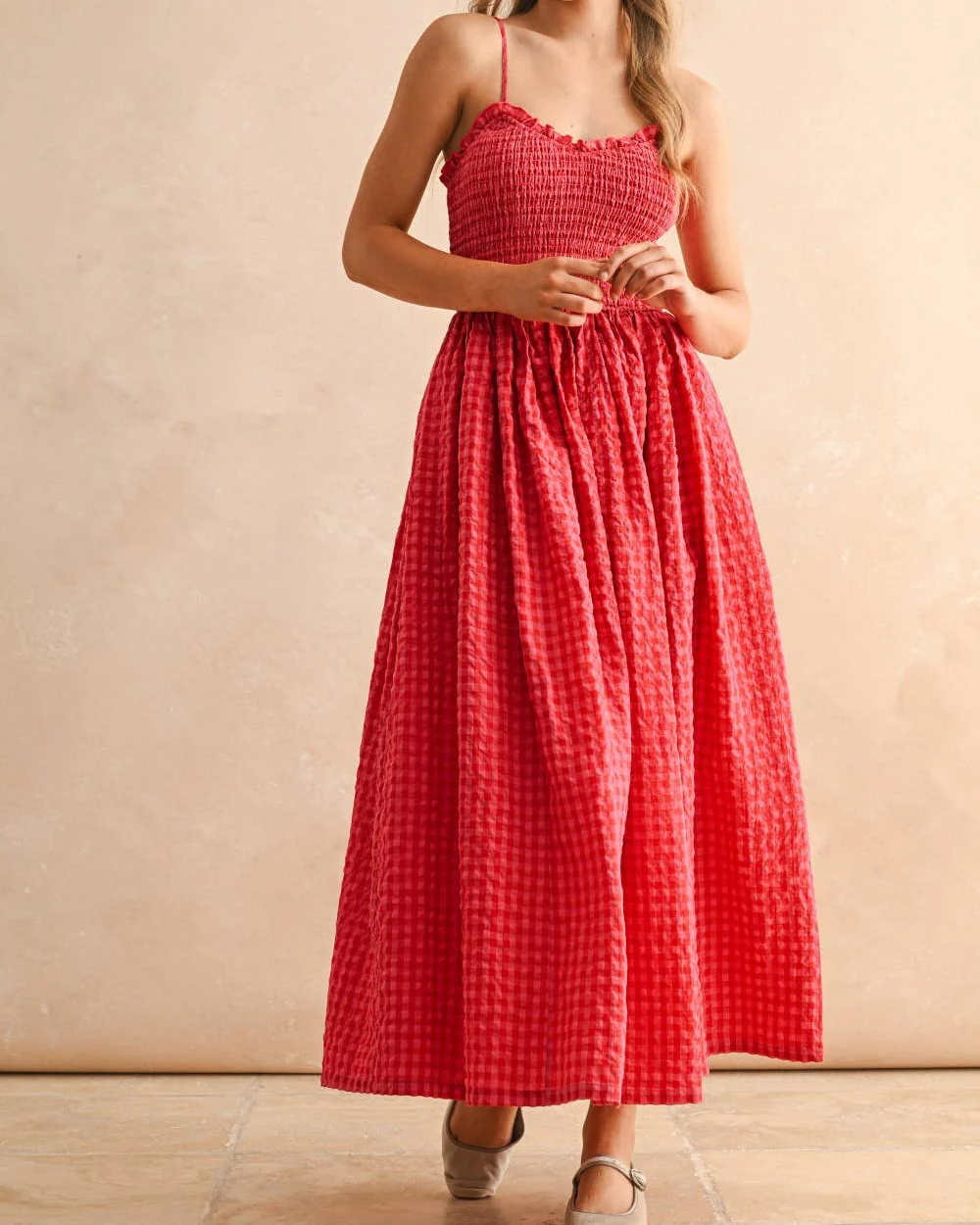 Gingham Print Long Dress in Cherry