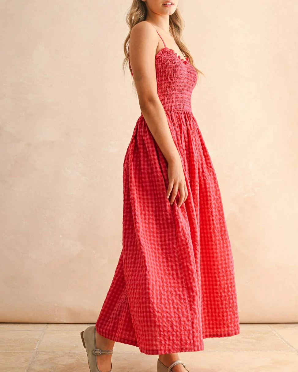Gingham Print Long Dress in Cherry - Image 2