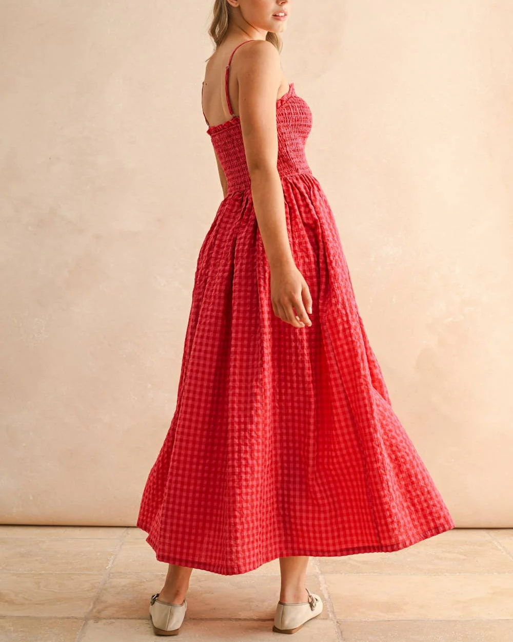 Gingham Print Long Dress in Cherry - Image 3