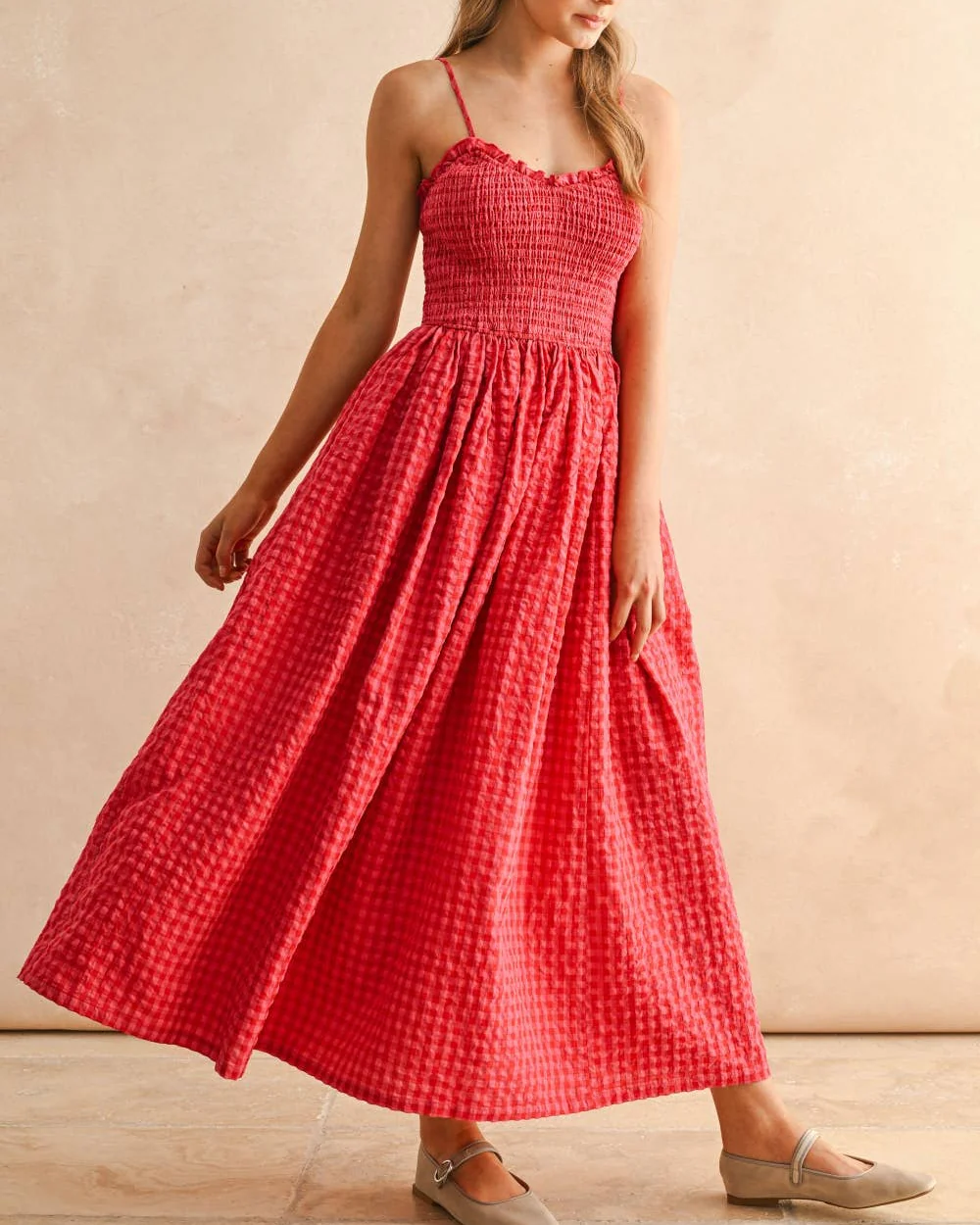 Gingham Print Long Dress in Cherry - Image 4