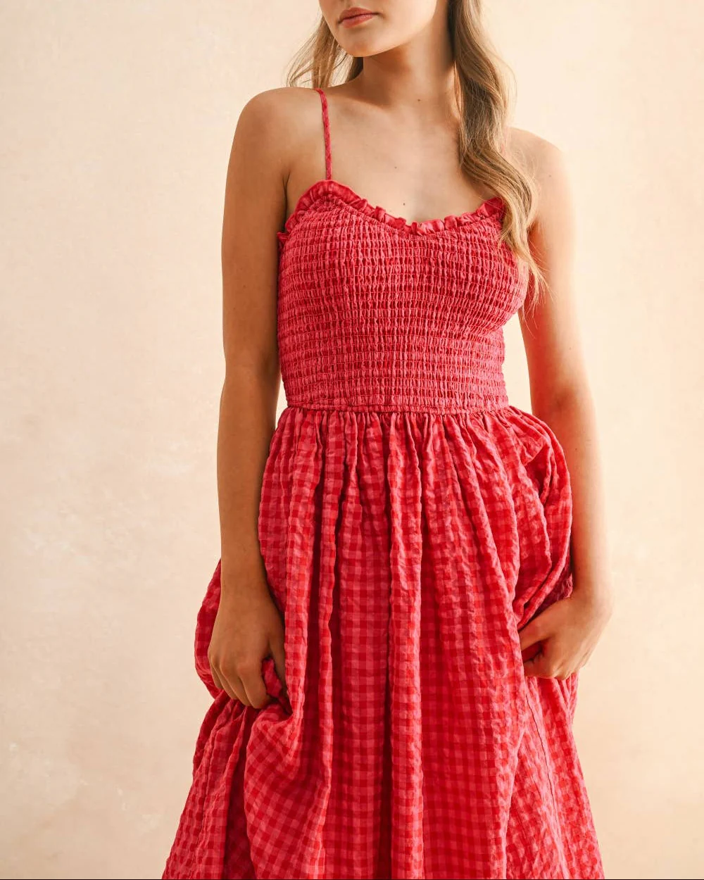 Gingham Print Long Dress in Cherry - Image 5