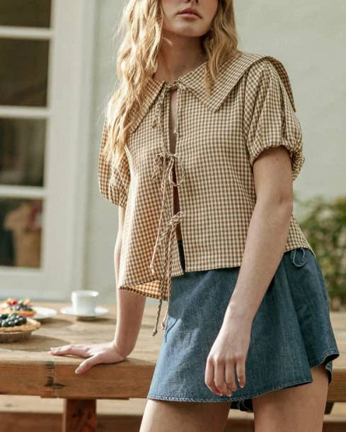 Gingham Tie Front Top in Mocha - Image 2
