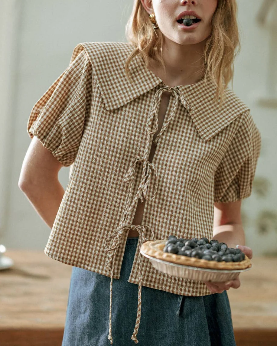 Gingham Tie Front Top in Mocha - Image 3