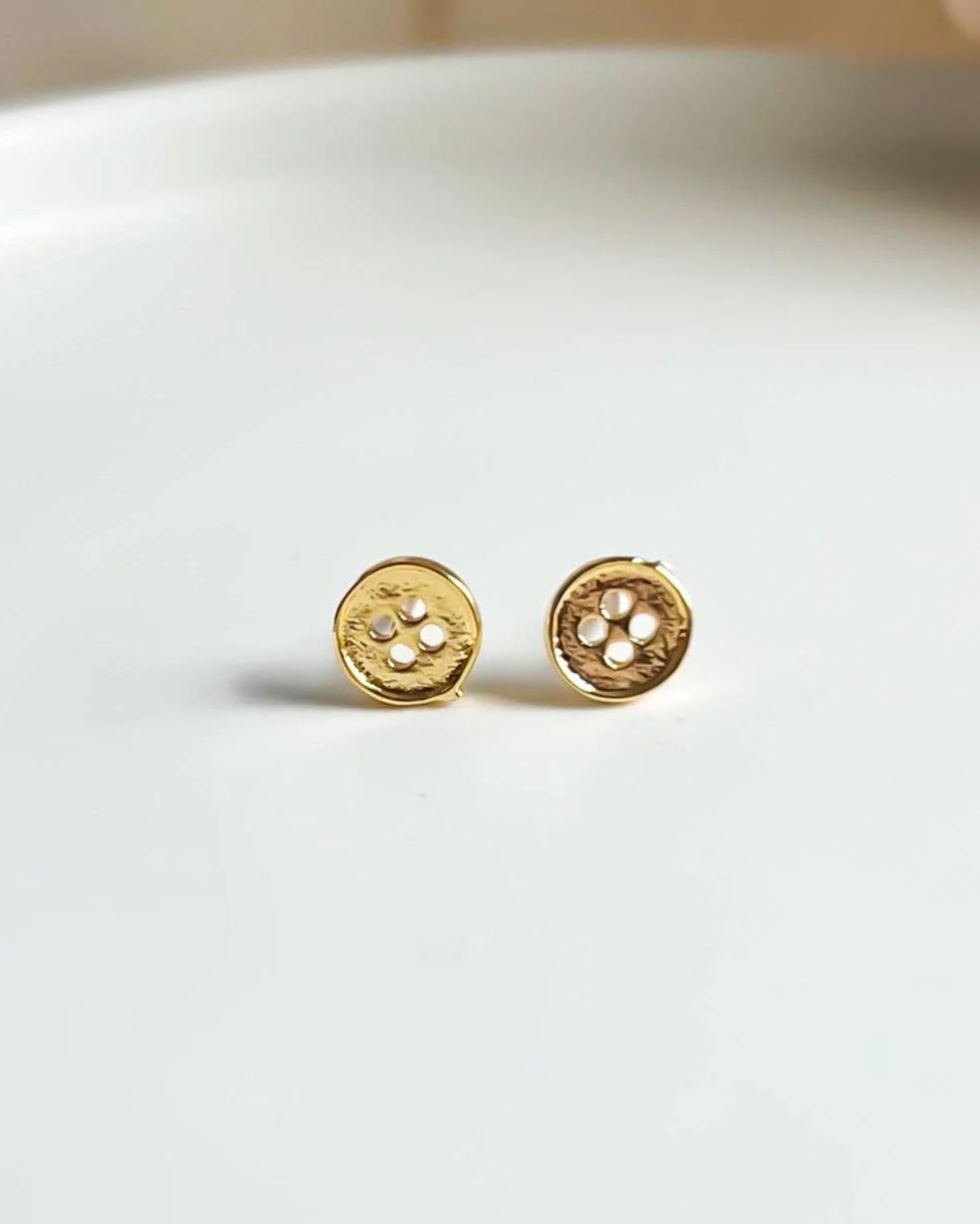 Gold Button Stud Earrings - Image 2