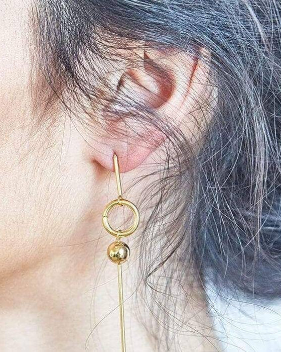 Gold Geometric Circle Drop Earrings - Image 2