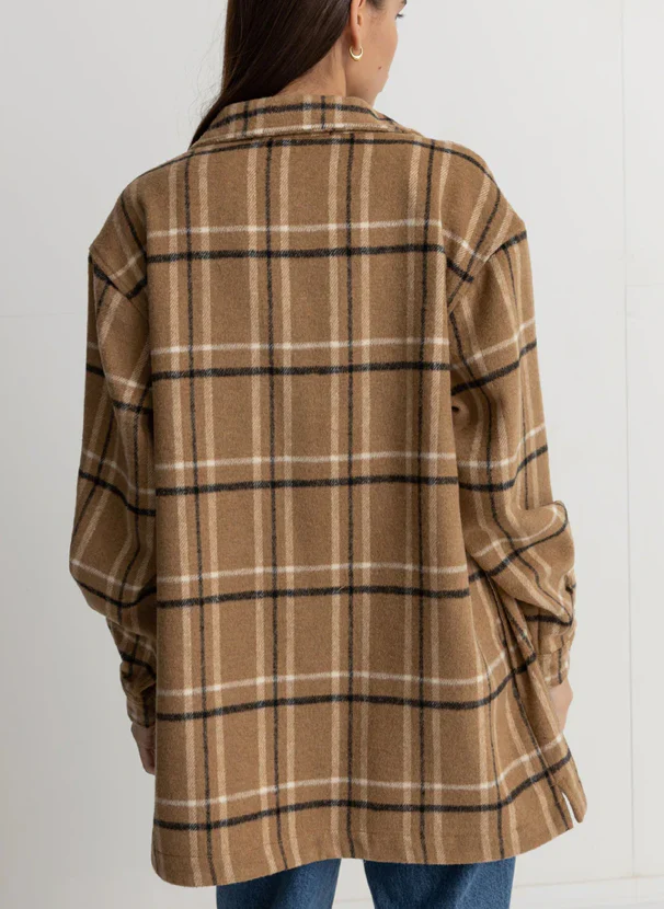 Long Check Shacket in Caramel - Image 3
