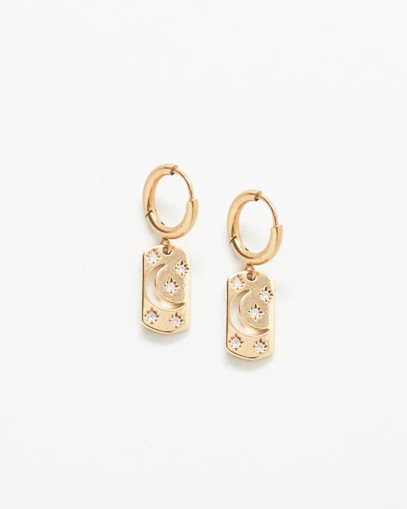 Moon & Star CZ Bar Huggie Earrings