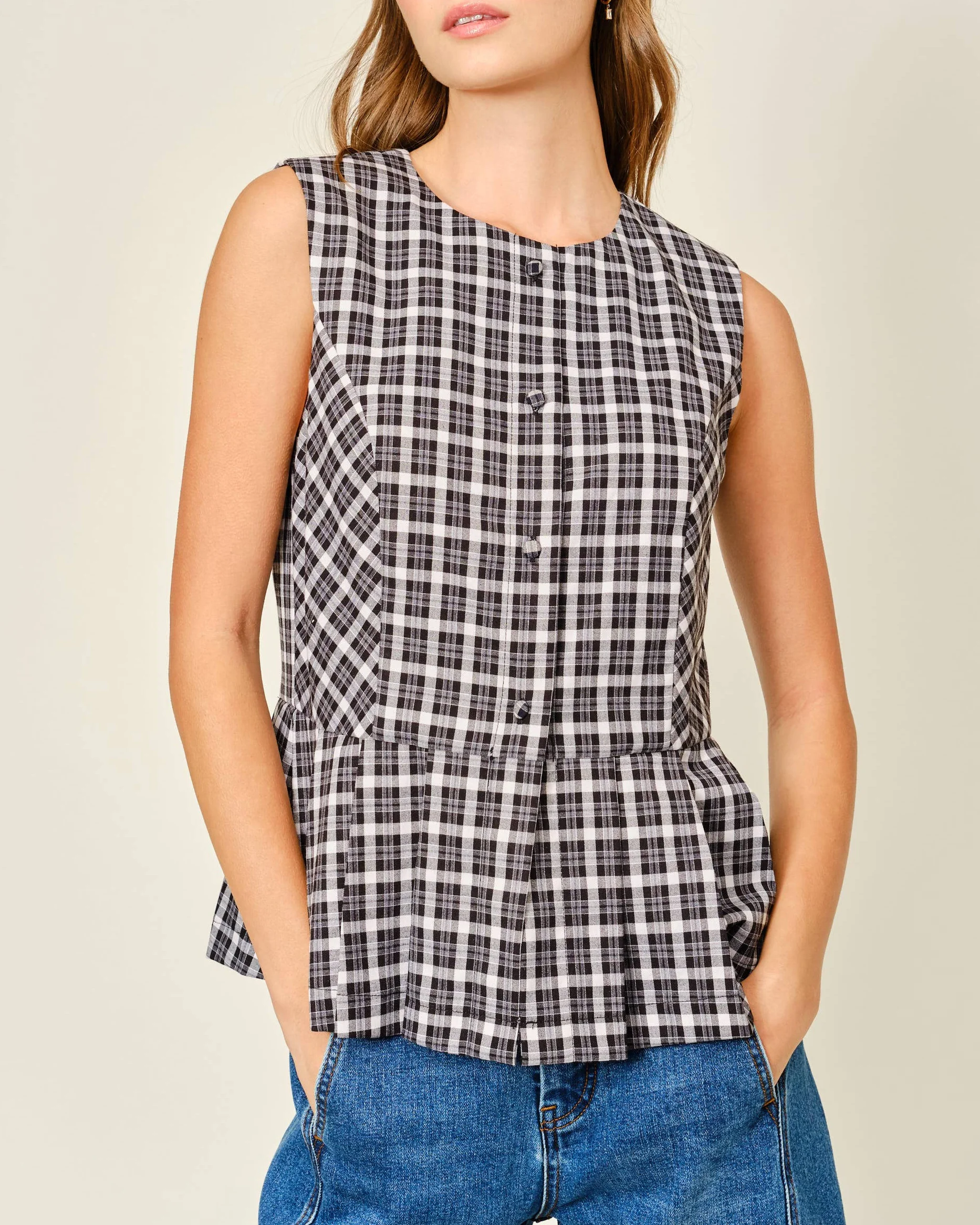 Pleated Flare Vest in Black Plaid - Image 2