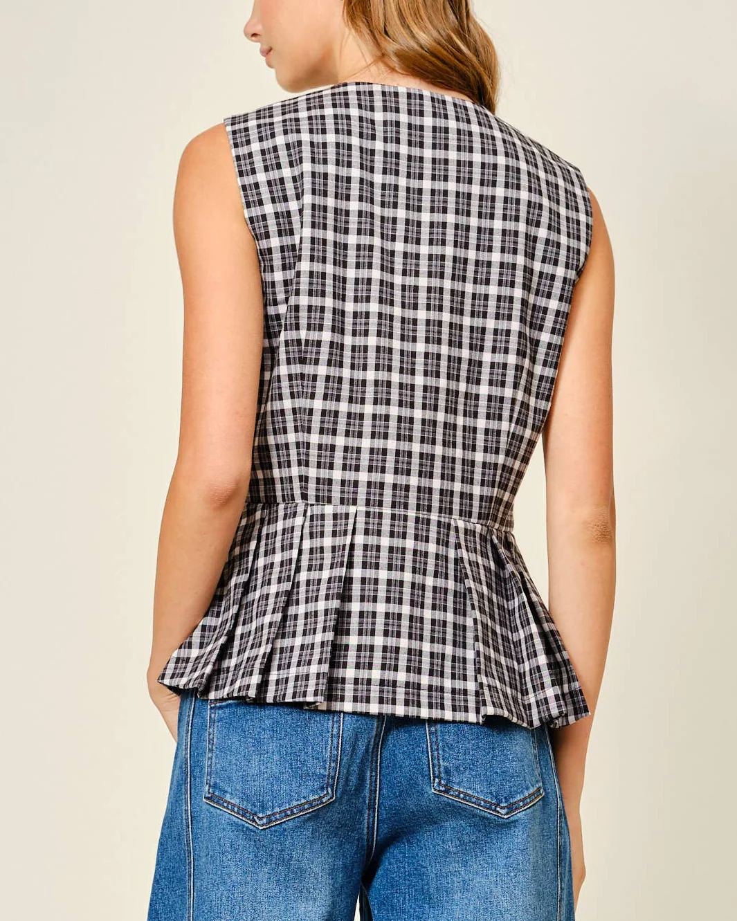 Pleated Flare Vest in Black Plaid - Image 5