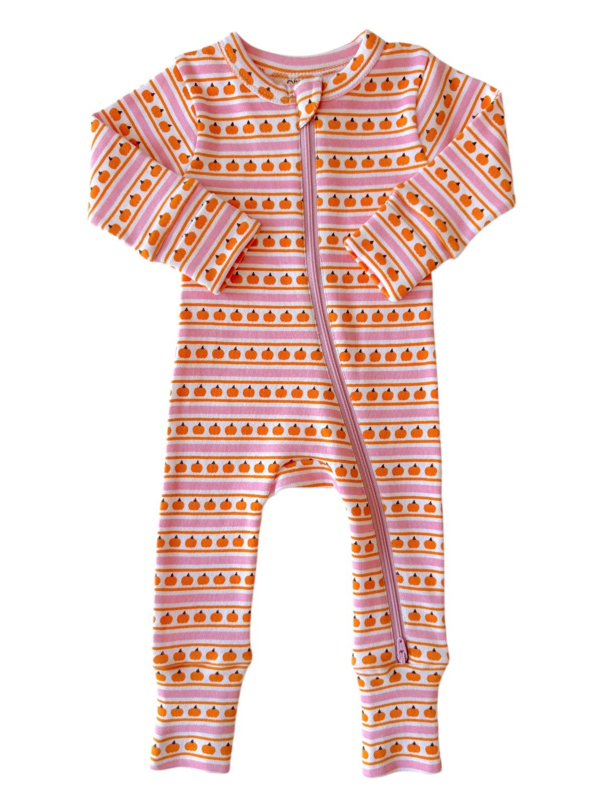 2-Way Zip Romper in Pumpkin Stripe Pink - Image 2