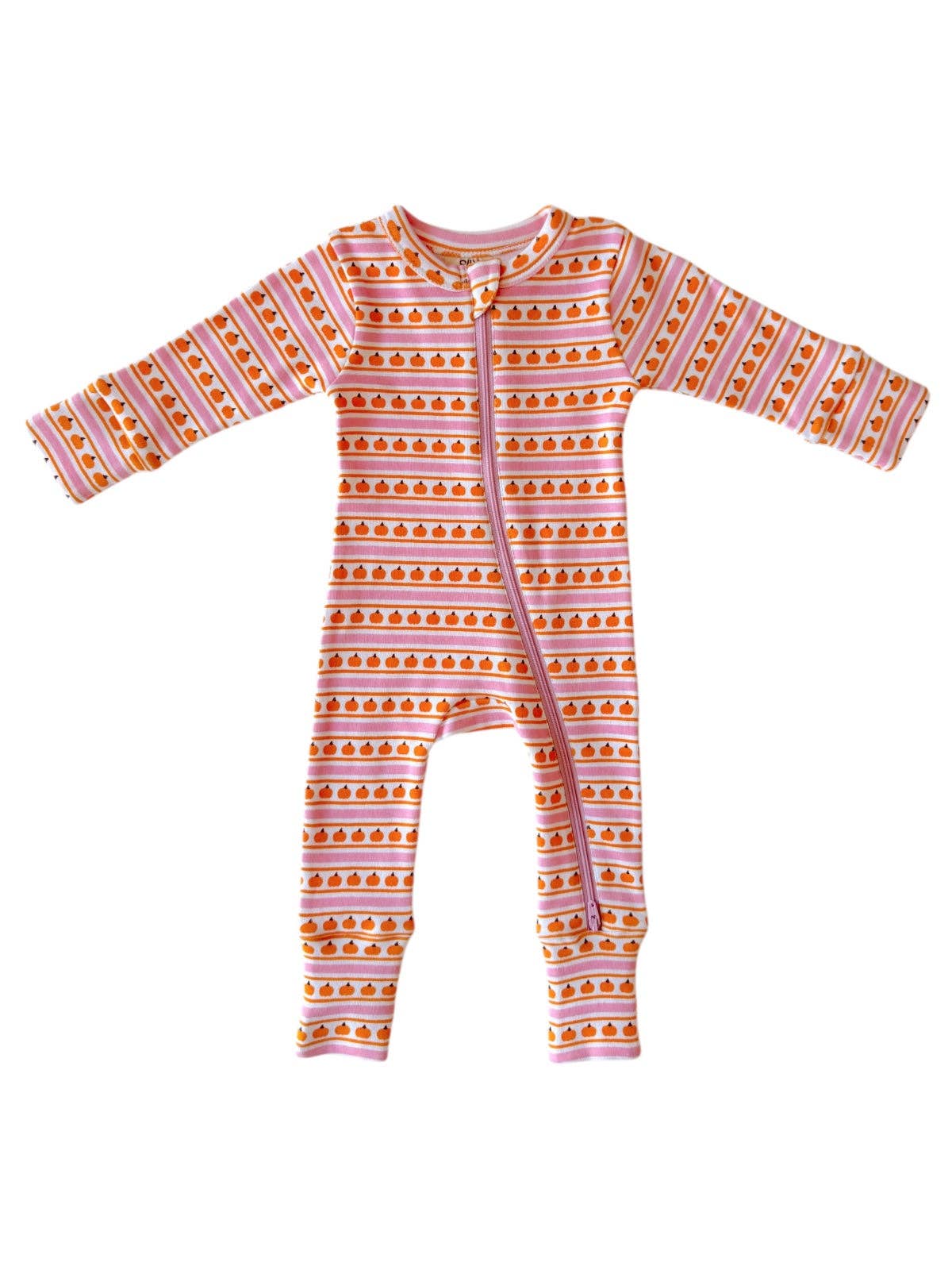 2-Way Zip Romper in Pumpkin Stripe Pink - Image 3
