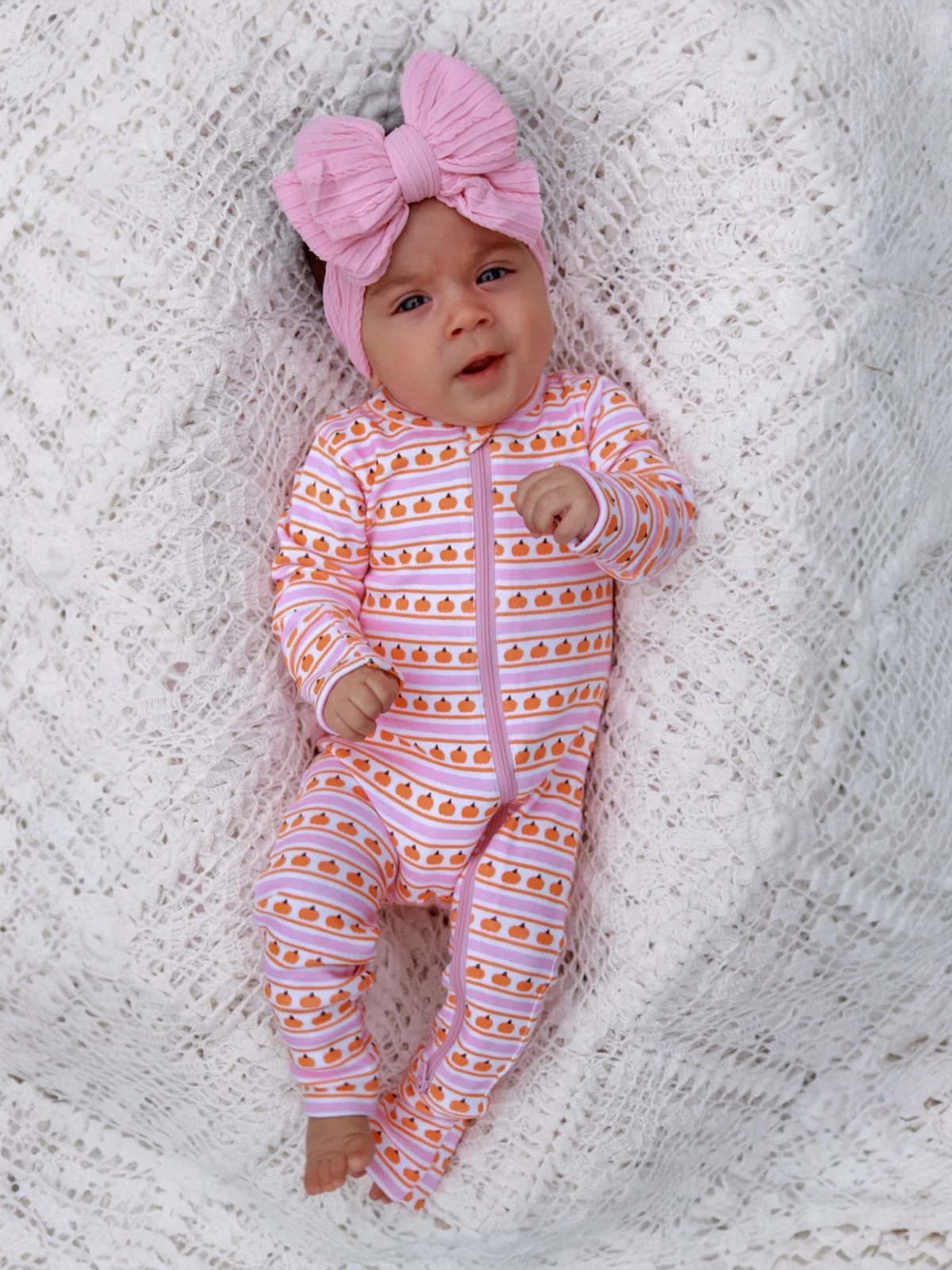 2-Way Zip Romper in Pumpkin Stripe Pink - Image 4