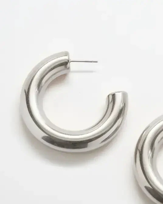 Silver Medium Chunky Hoop Earrings - Image 3