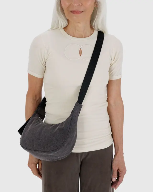 Small Denim Crescent Bag in Washed Black Denim - Image 2