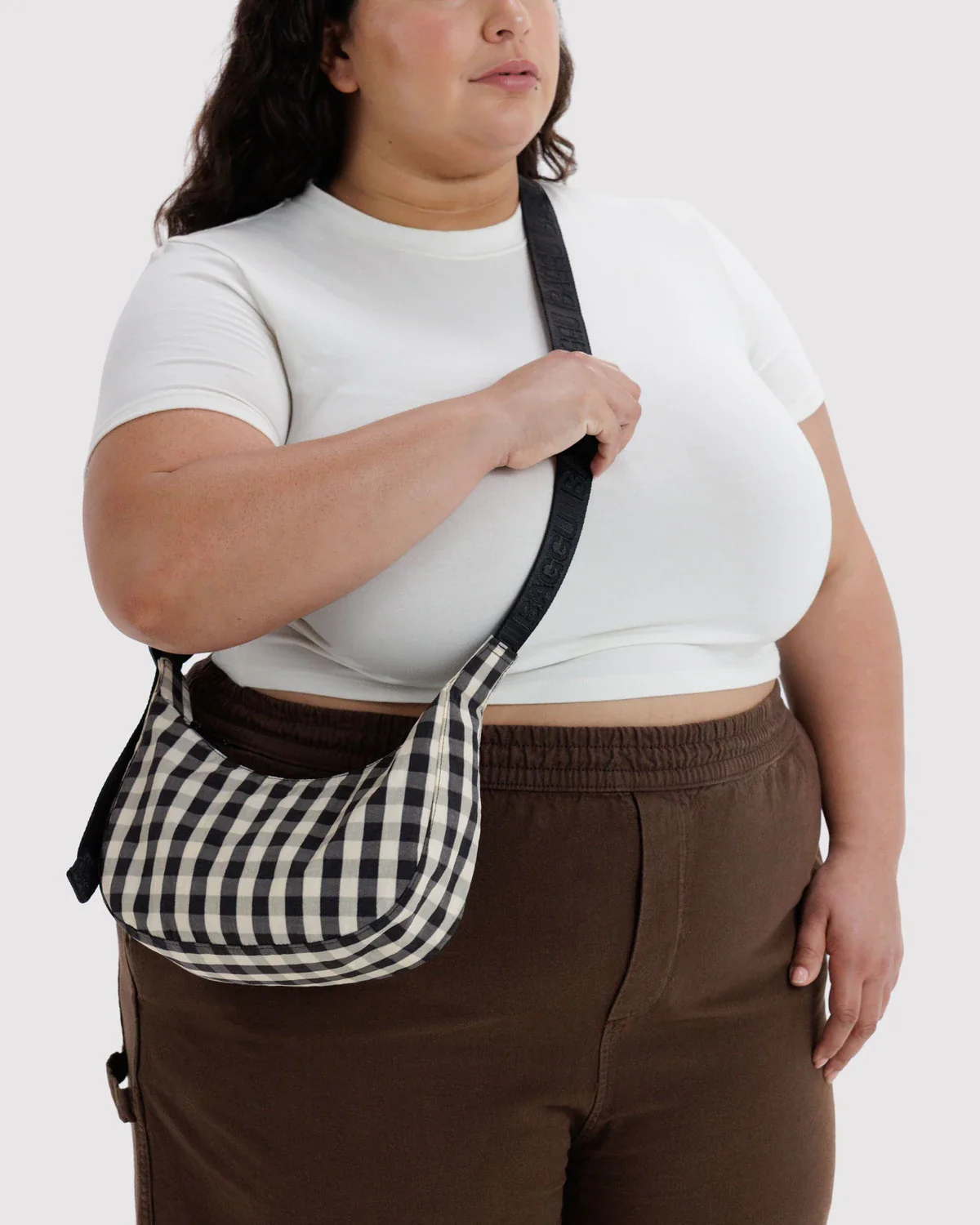 Small Nylon Crescent Bag in Black & Cream Gingham - Image 2