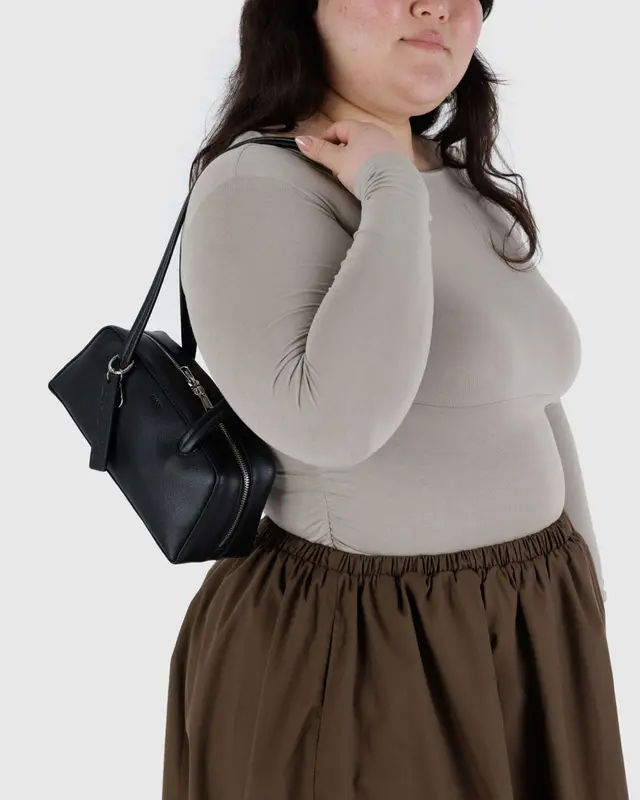Small Recycled Leather Bowler Bag in Black - Image 2
