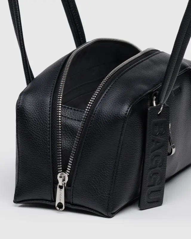 Small Recycled Leather Bowler Bag in Black - Image 4
