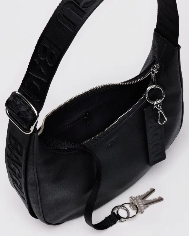 Small Recycled Leather Crescent Bag in Black - Image 4