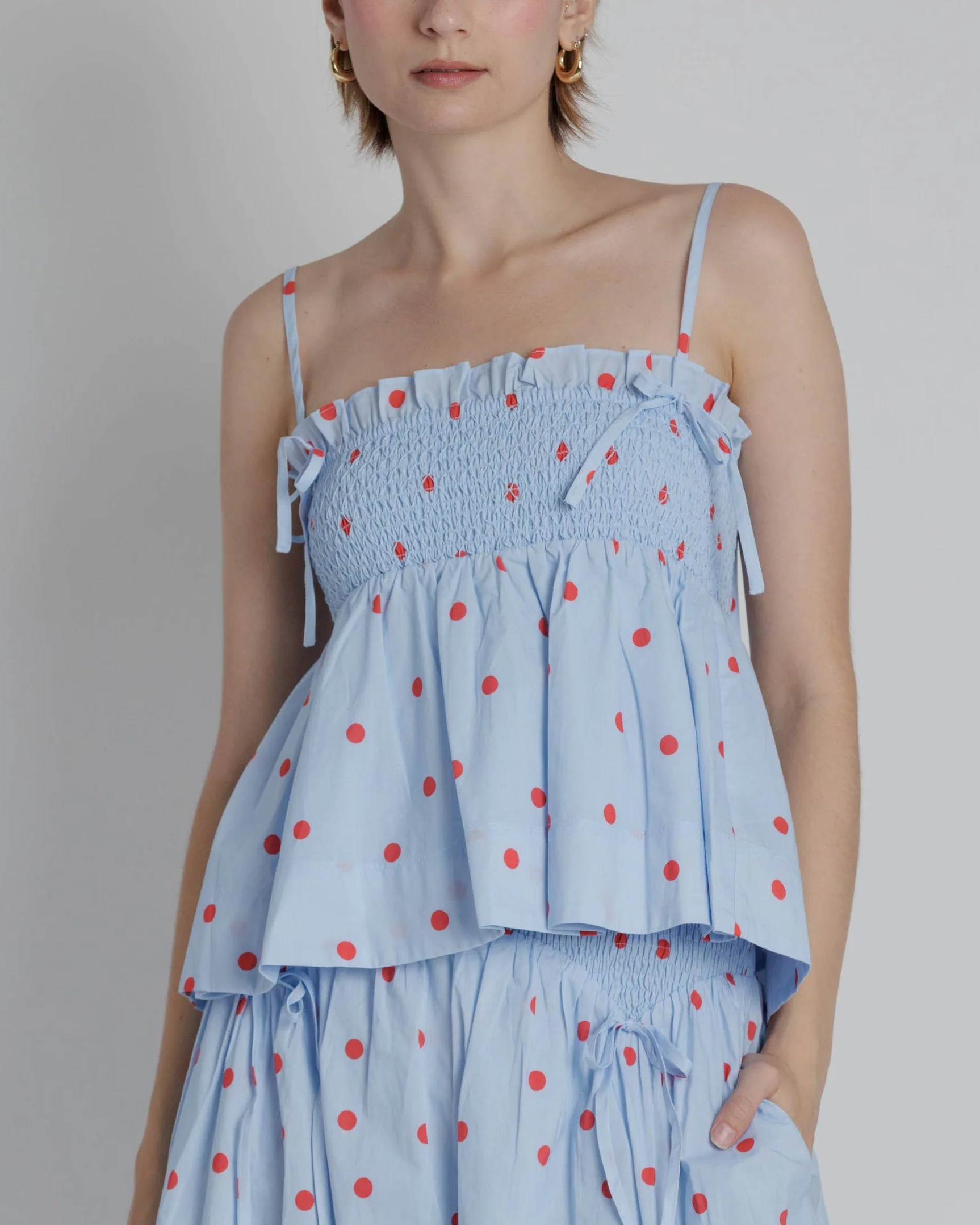 Smocked Polka Dot Tank in Blue