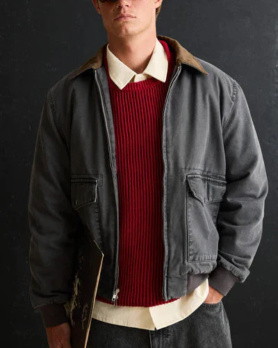 Washed Canvas Bomber Jacket in Charcoal - Image 3